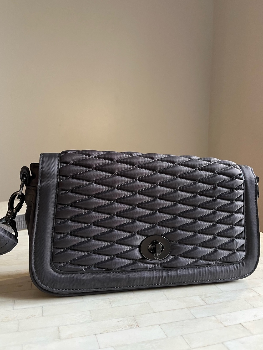 Lug Allegra Quilted Nylon Shoulder Bag Adjustable Removable Strap in Dark Gray